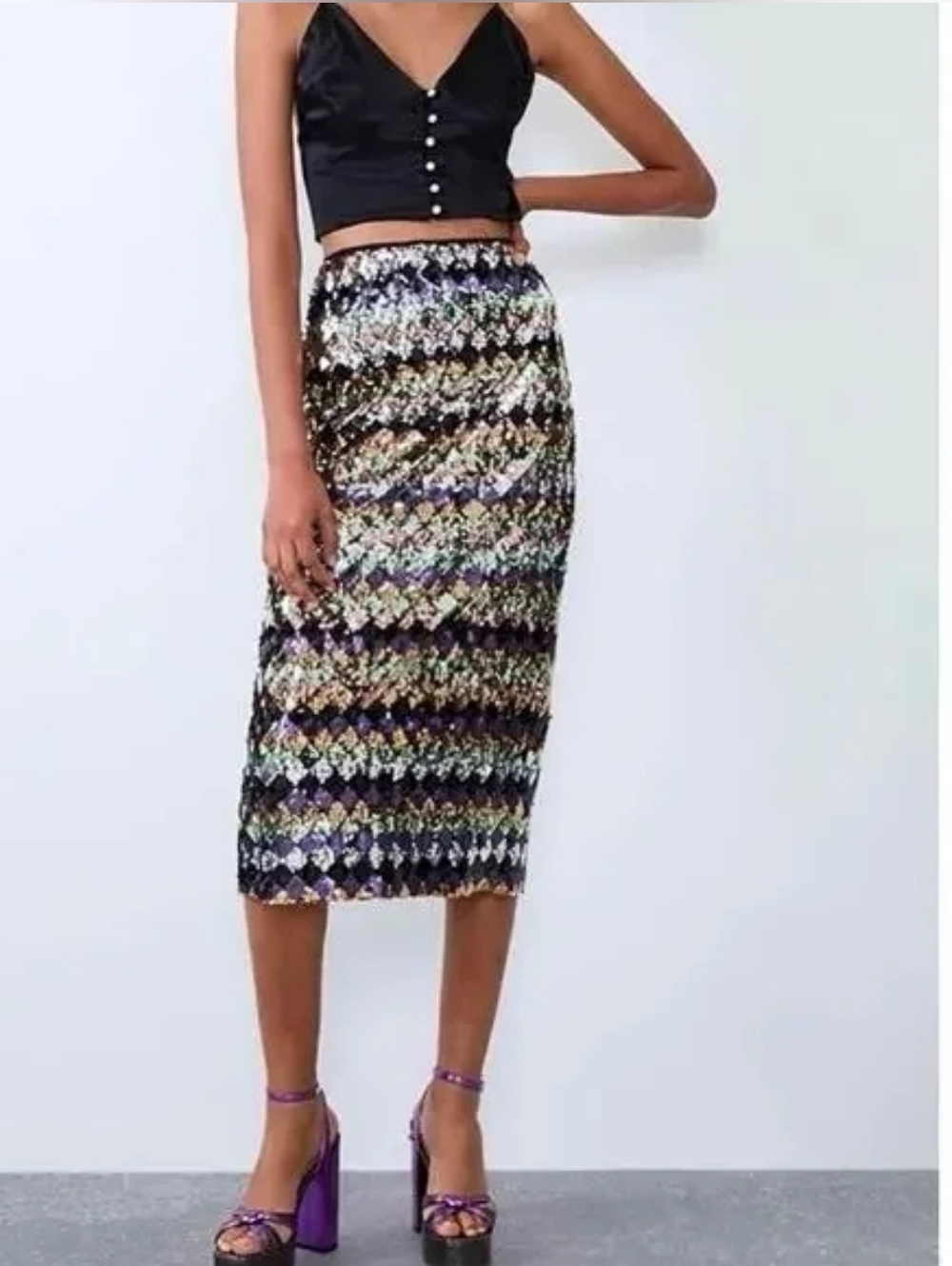 Zara Multi Colored‎ Sequin Midi Pencil Skirt